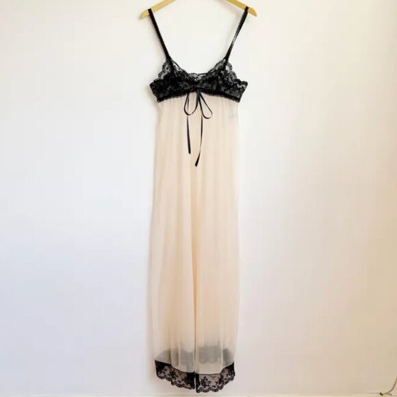 Other - vintage 60s full length sheer nude slip dress with black lace trim